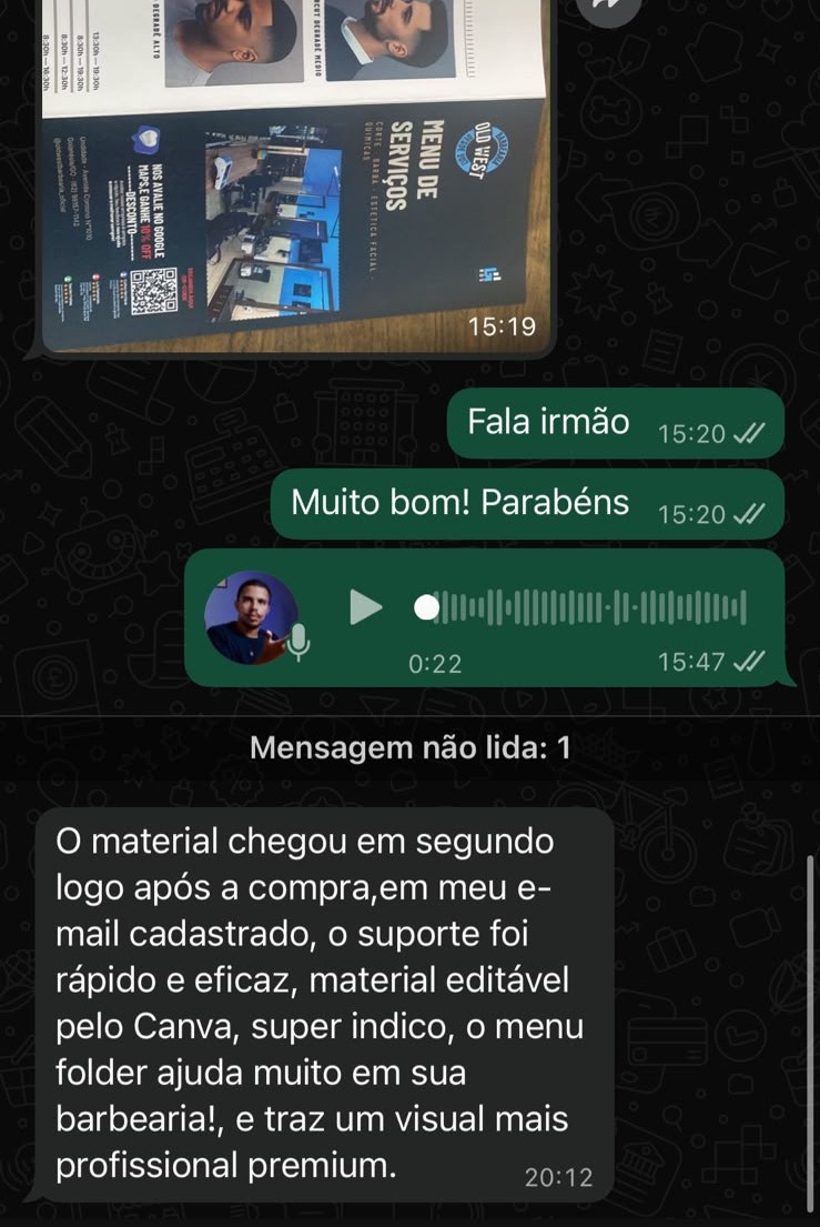 Menu de serviços impresso na barbearia com depoimento de cliente pelo WhatsApp