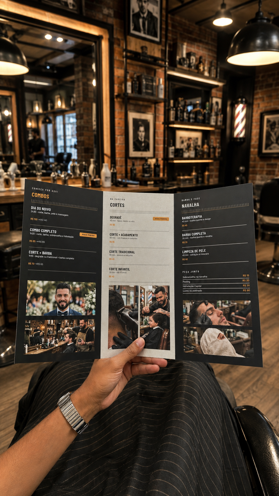 Menu de serviços impresso sendo usado na barbearia